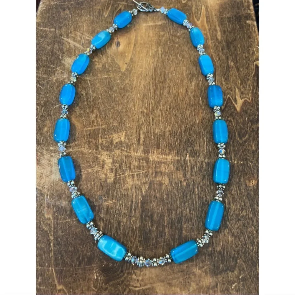 Handmade Denim Lapis and Swarovski Crystal Beaded Necklace